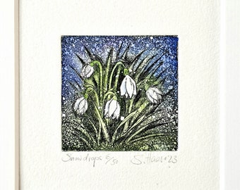 Original etching of snowdrops with passe-partout.