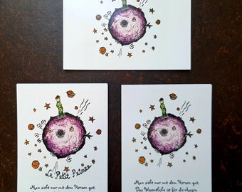 Glossy postcard of my mini etching Little Prince, Gloss, Postcard of my mini Etching Petit, Prince little prince