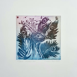 Peacock portrait, original aquatint etching multi-color print, peacock aquatint etching original multi-colored etching