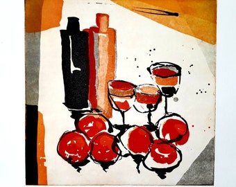 Wein und Obst, Stillleben in orange, große original Radierung, wine and fruits, stilllife in orange, large original Etching.