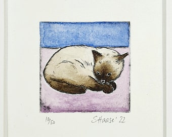 Siamese cat, Siamese cat original etching, coloured + passepartout, original colored Etching Siamese Cat + Passepartout