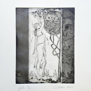 Flower picking girl, original etching, girl, original etching