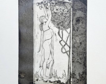 Flower picking girl, original etching, girl, original etching