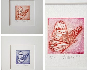 Schmetterling original Radierung mit Passepartout, Butterfly original Etching with Passepartout