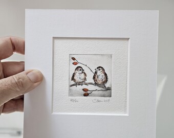 Two sparrows, birds, original etching with passepartout.