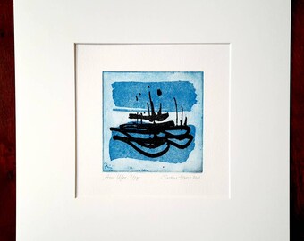 Boats on the shore, original etching, two-plate print with passe-partout, original Etching si Set, two plates print with Passepartout mat