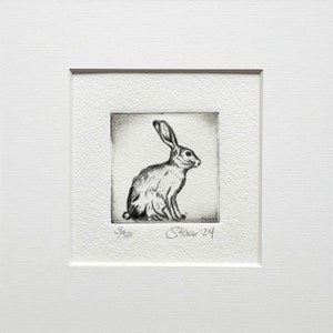 Puede incluir: Un grabado en blanco y negro de un conejo de perfil, enmarcado en un passe-partout blanco. La obra está firmada y numerada 3/50, con el nombre del artista y el año '24. El conejo tiene orejas largas y está sentado.