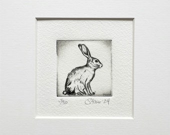 Original mini etching of a small hare or rabbit, limited, original etching of a Hare, Rabbit, signed & limited