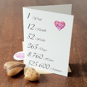 VERJAARDAG - 1 jaar, kaart met envelop en opt. Hart en sticker, jubileumkaart, 1 jaar met envelop en opt. hart en stickers