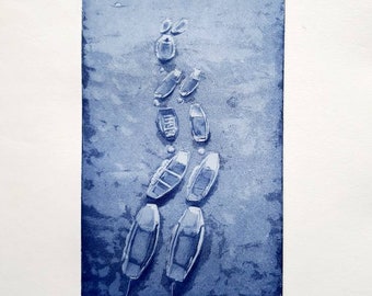 Boats on the Rhine, original etching, original Etching of boats on the River Rhine