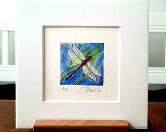 Dragonfly, original etching, original etching dragon fly, dragonfly with/with passepartout, optionally colored