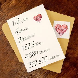 ANIVERSARIO - 1/2 año, tarjeta con sobre y opt. Corazón y pegatina, Tarjeta de Aniversario, 1/2 Año con sobre y opt. corazón y pegatinas