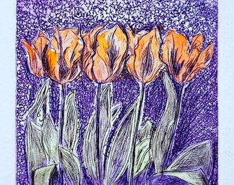 Sea of Tulips - original etching Tulips with Passepartout, Tulips original etching with Passepartout