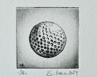 Original etching golf ball, golf with passepartout, golf ball, golf original etching with passepartout