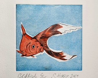 Original Goldfish Fish Etching two-color print, original Goldfish Fish Etching twocolors mit/with Passepartout