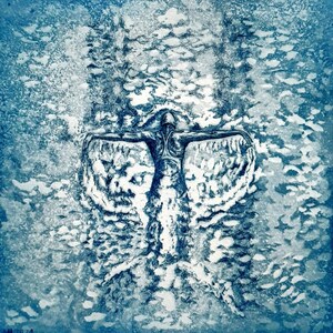 Original Etching of a Butterfly Swimmer in blue
