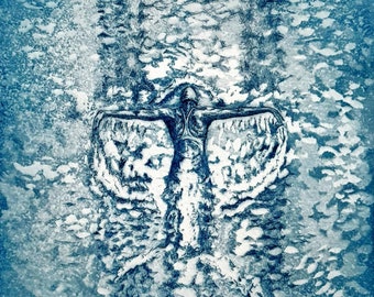 Original Radierung einer Butterfly-Schwimmerin Schwimmer in blau, original Etching of a Butterfly Swimmer in blue
