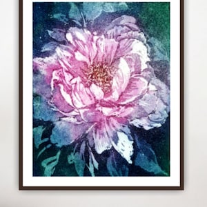 May include: A watercolour painting of a pink flower with a dark blue and green background.