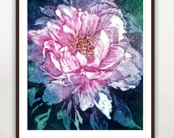 Delicate peony in pink, original aquatint etching green background passepartout black, Pink Peony original Aquatina Etching w. mat