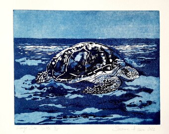 Riesen-Meeresschildkröte am Strand - große Aquatinta-Radierung, original Aquatint Etching Sea-Turtle at the beach.