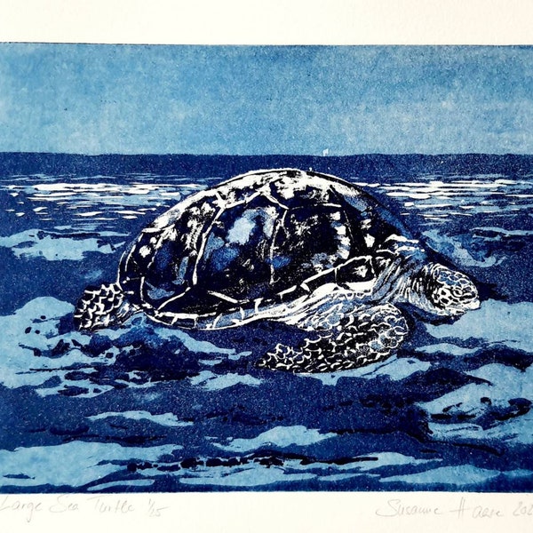 Riesen-Meeresschildkröte am Strand - große Aquatinta-Radierung, original Aquatint Etching Sea-Turtle at the beach.