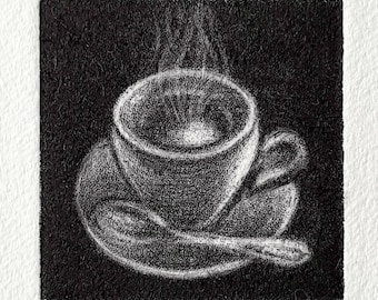 Café time, Kaffeezeit, Kaffetasse original Mezzotino Radierung, Coffeetime, Coffee Cup, original Mezzotint Etching with/mit Passepartout