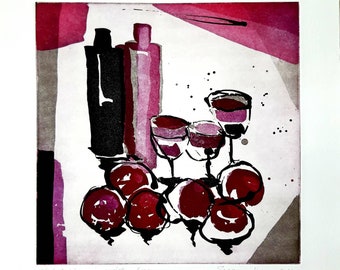 Wein und Obst, Stillleben in violett, große original Radierung, wine and fruits, stilllife in violett, large original Etching.