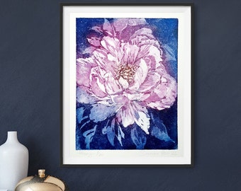 Delicate peony in pink, original aquatint etching blue background and passepartout, Pink Peony original Aquatina Etching with mat