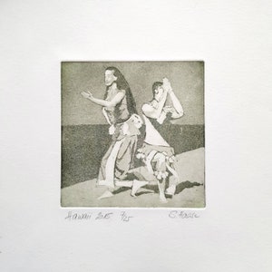 Dancing couple in Hawaii, orig. Etching, Original Etching of a dancing Couple on Hawaii