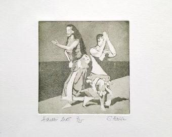 Dancing couple in Hawaii, orig. Etching, Original Etching of a dancing Couple on Hawaii