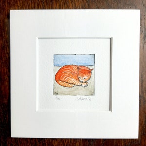 Puede incluir: Una impresión enmarcada de una pintura de acuarela de un gato atigrado naranja acurrucado durmiendo. La impresión está firmada "S.Haase '22" y numerada "9/50".