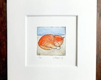 Red cat, red tomcat original etching, colored with passepartout, original colored etching ginger cat with passepartout, frame opt.