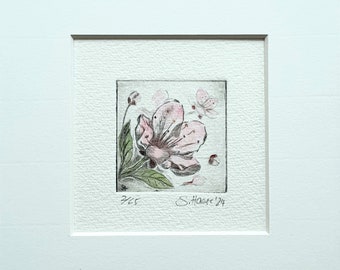 Tender Cherry Blossom original etching with passepartout, Tender Cherry Blossom original etching with passepartout