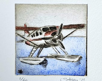 Seaplane - De Havilland Canada DHC-2 Beaver - original etching, hydroplane, floatplane, with passe-partout