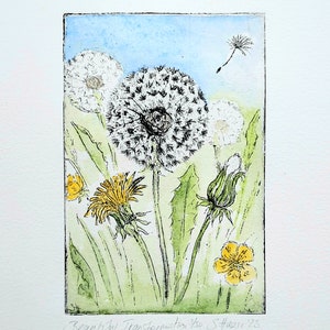May include: A black and white print of a dandelion flower with a blue sky background. The print is titled "Beautiful Transformation" and signed "S.Haase '28".