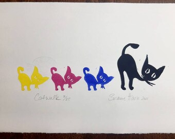 Linoldruck CATWALK, Katzen, Linoprint Linocut Catwalk, Cats