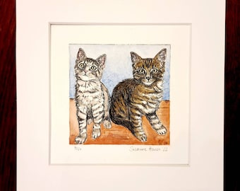 Original etching of second kittens, cats, original Etching of two Kitten, Cats, 10 x 10 cm with/with passe-partout