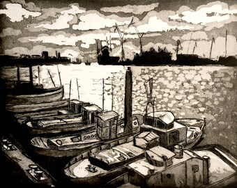 Hamburg harbor, original etching