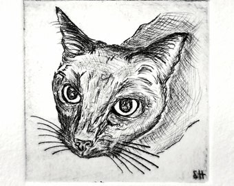 Cat Etching, original with Passepartout, Original Radierung Katze mit Passepartout