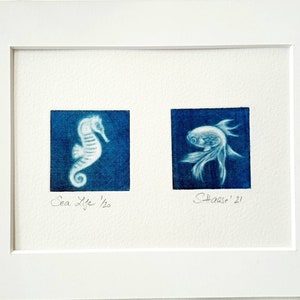 Origonal Radierun &quot;Sea Life&quot;, fish seahorse, mezzotinto, original mezzotint etching goldfish, fish, seahorse passepartout optional
