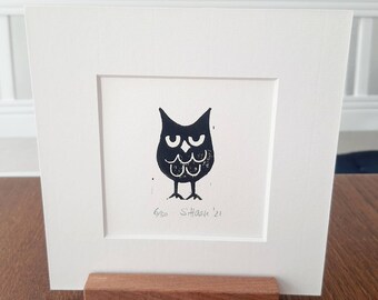 Lino print, small black owl, night owl, lino print small black nightowl, owl, original with/with passepartout