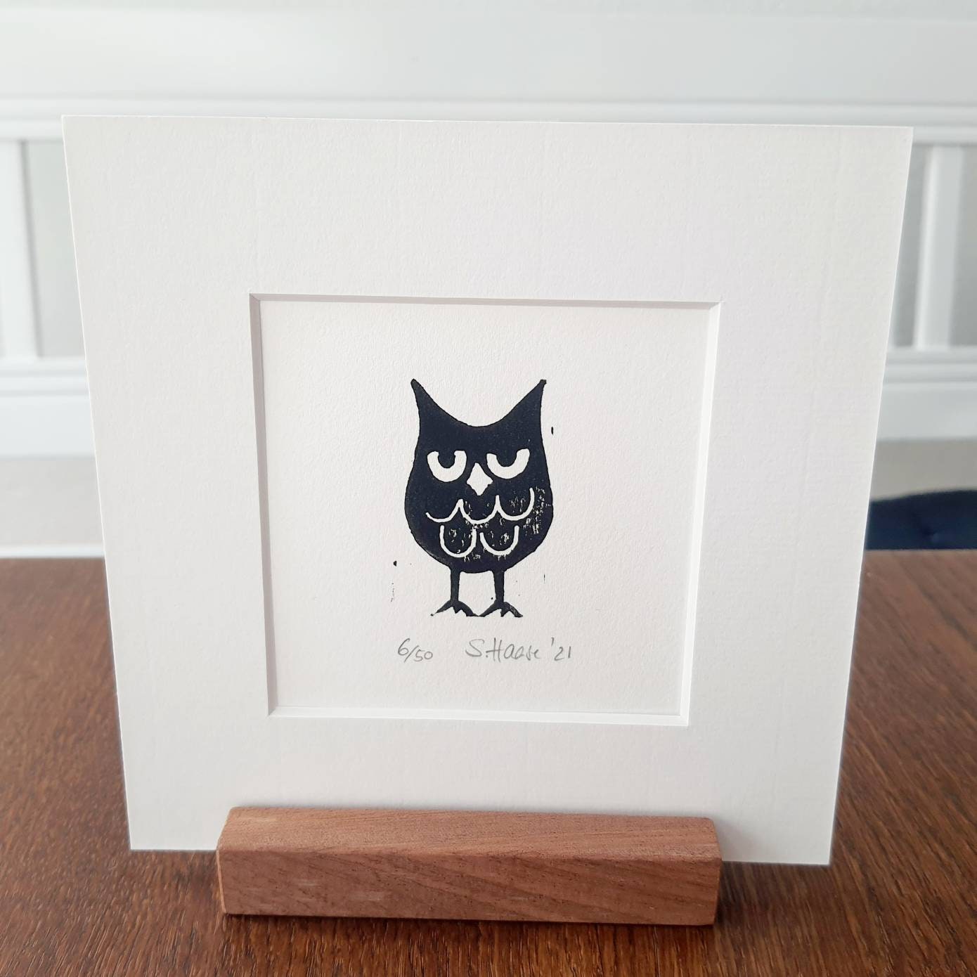 Linoldruck, kleine schwarze Eule, Nachteule, Lino Print small black Nightowl, Owl, original with/mit
