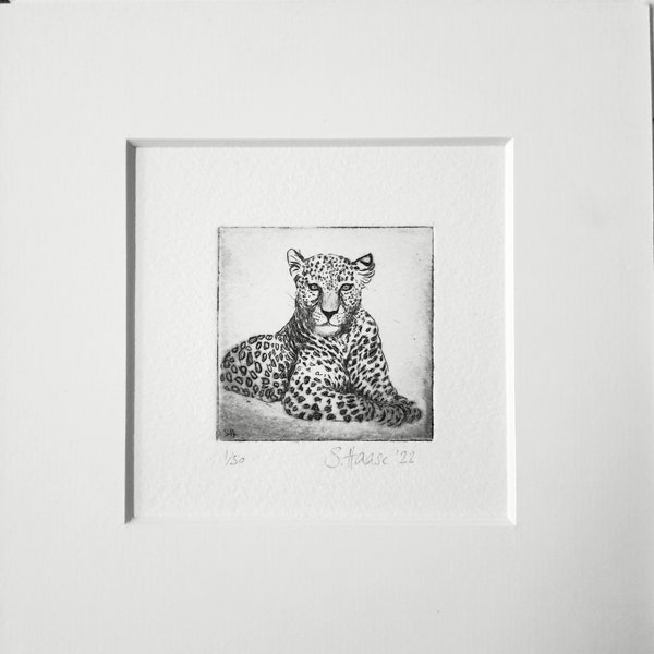 Leopard, Raubkatze, original Radierung mit Passepartout, original etching of a leopard with mat