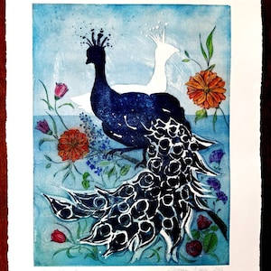Große original Radierung Aquatina und Kaltnadel mit 2 Pfauen, large original etching of two peacocks, aquatint and dypoint