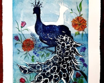 Large original etching, aquatint and drypoint with two peacocks, large original etching of two peacocks, aquatint and drypoint