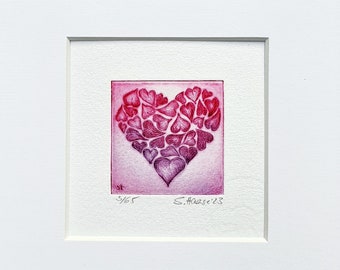 Herz kleine Kaltnadel-Radierung Herzmotiv mit Passepartout, small, original mini drypoint etching Heart motive with mat