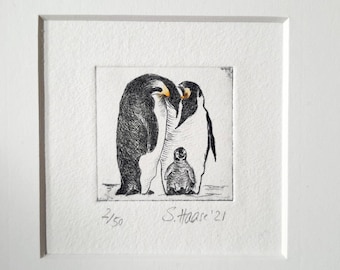 Geburtsanzeige, Radierung einer Pinguin-Familie mit Passepartout. Birth Announcement, Etching of a Penguin-Family with Passepartout
