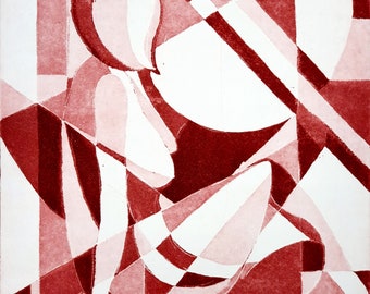 Red abstract nude, seated woman, large, original aquatint etching.