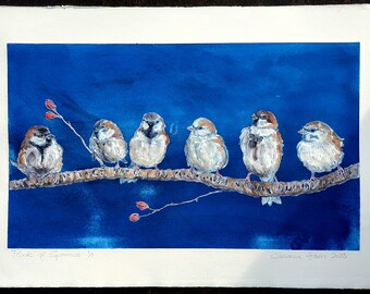 Spatzenschar Sperlinge, Spatzen, große original Radierung aquarelliert, large original Etching flock of Sparrows with watercolor colored