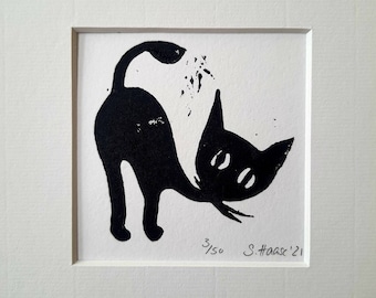 Linoldruck Kunstdruck schwarze Katze, Lino Print black Cat, original with/mit Passepartout